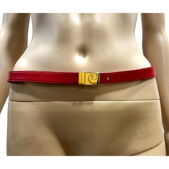 70s Pierre Cardin Red Leather Skinny Belt w Gold Logo Buckle | 31.5 - 37\